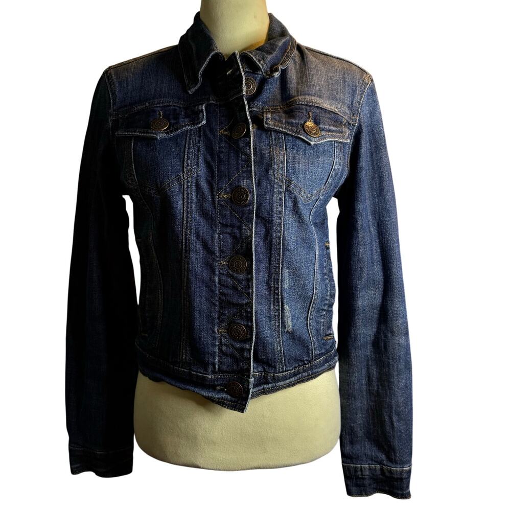 L.A. Idol USA Dark Wash Stretch Denim Trucker Jacket, Tobacco Stitch, Size Large